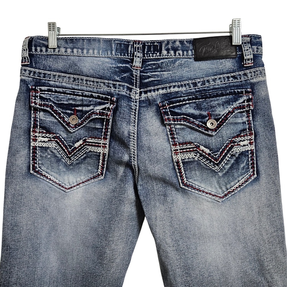 True Luck Jeans Mens 36x32 Blue Straight Leg Embroidered Flap Pocket Distressed